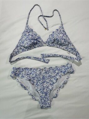 Jessica Simpson Blue Floral Scalloped Bikini Set XL worn once!!